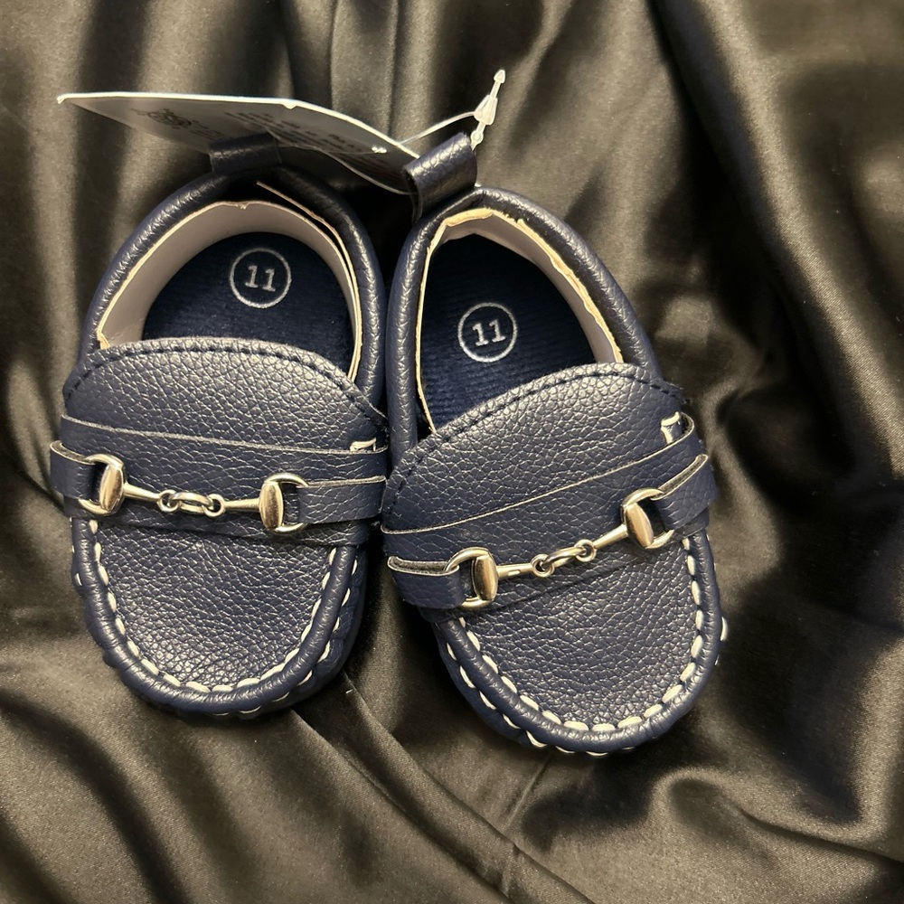 Navy Kids Moccasin Loafers with Gold Bit Detail